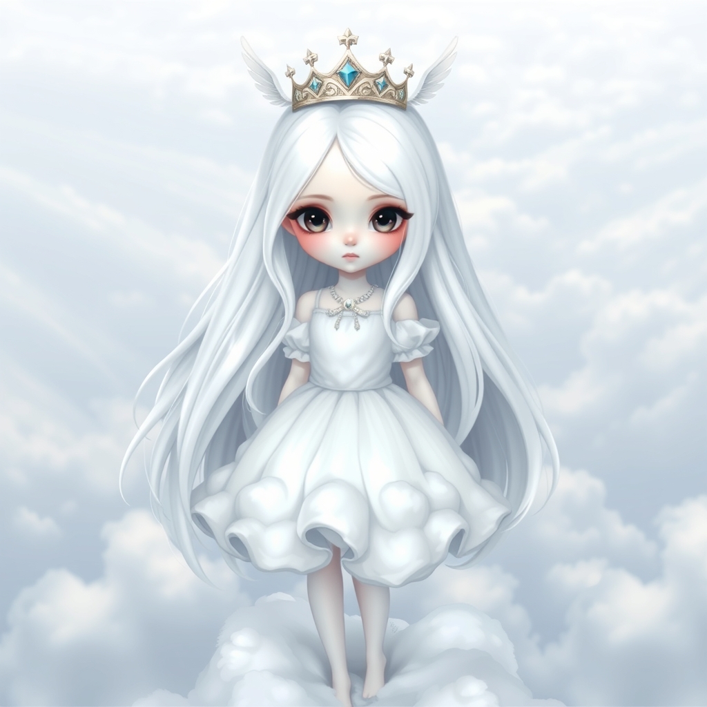 عکس یه دختر با مو های خیلیییییی بلند که رنگ آنها کاملا سفید است . پوست آن دختر به سفیدی برف است و لباس های پف دار به شکل لباس پرنسس ها که از جنس ابر است بر تن دارد . در میان سفیدی جسم لباس هایش چشمان سیاه چون شب خود نمایی میکند . آن دختر یک تاج که در دو ترف آن دو بال کوچک دیده میشد رو سرش گذاشته . آن دختر بدون هیچ بالی در بالای ابر ها ایستاده . همه چیز هایی که گفتم خیلی مهم هستن
7