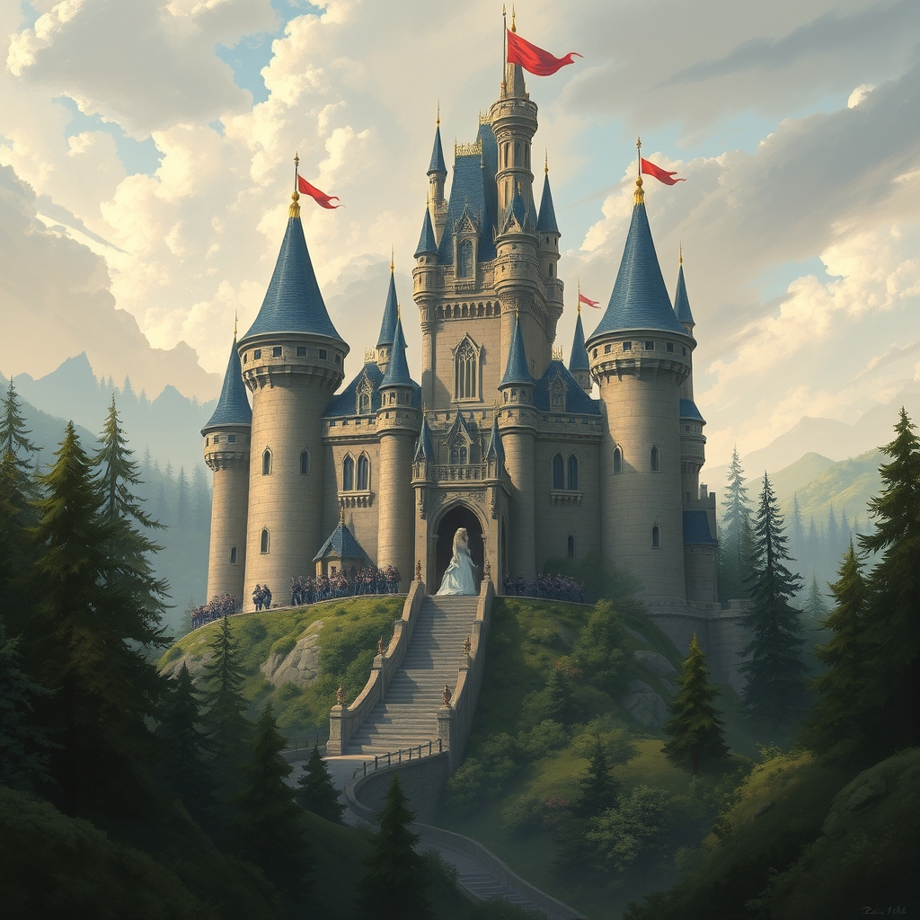 یک قلعه ی زیبا در جنگل که صاحب آن پادشاه و ملک ی زیبا است و آن قلعه سربازان زیادی دارد1