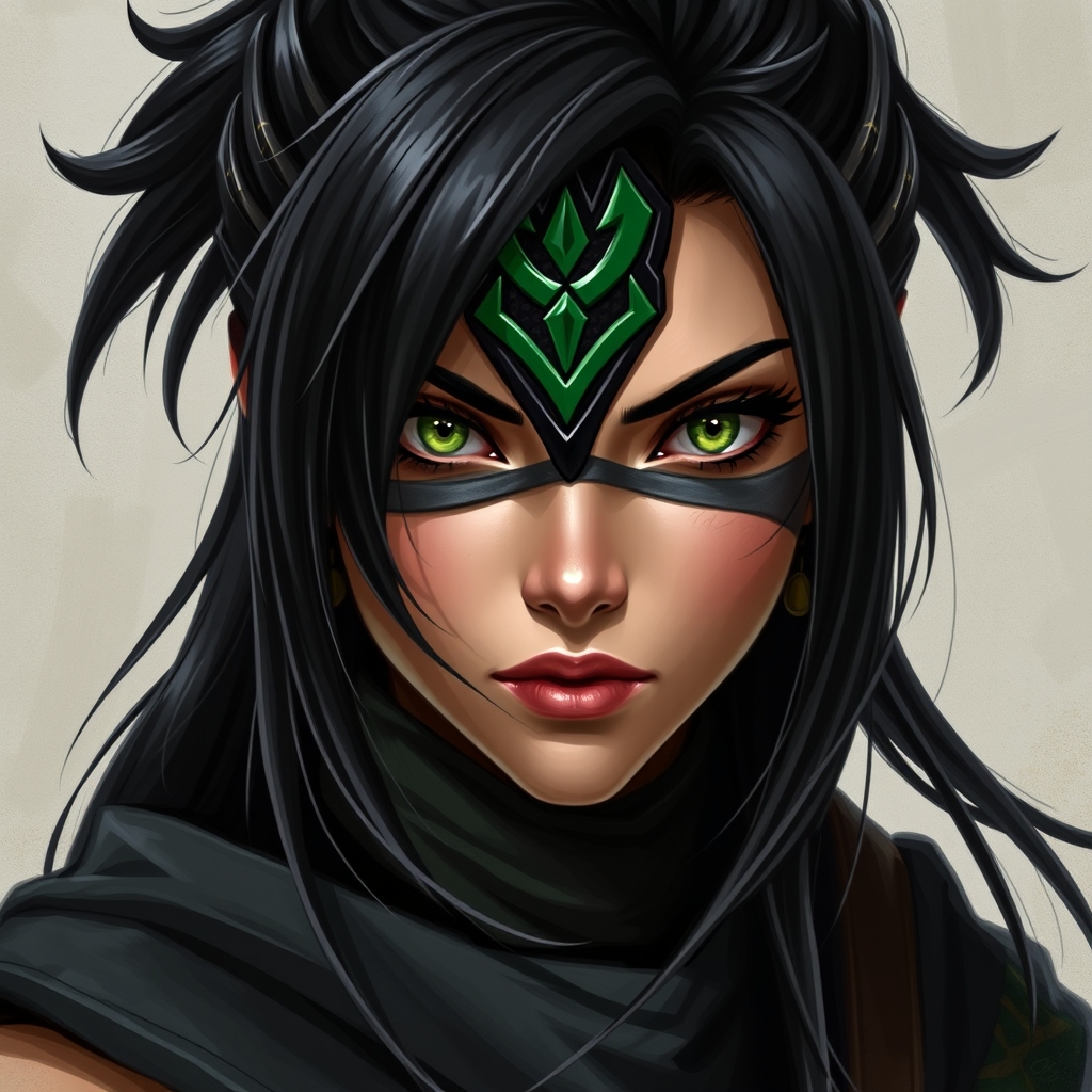 یک دختر زیبای جنگجو که موهای مشکی دارد و یک ماسک سیاه و سبز دارد و لباس مشکی با دور سبز دارد و چشم های سبز دارد3