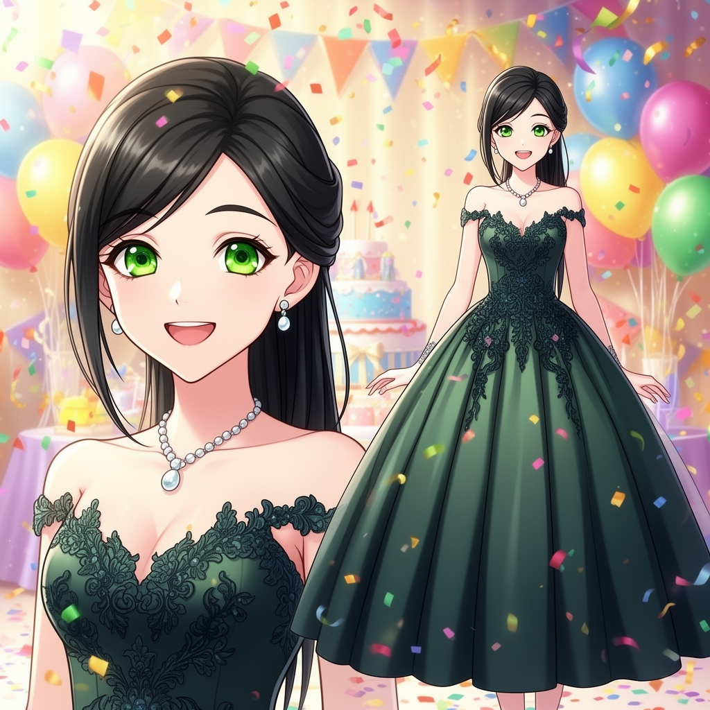 یه دختر زیبا ی ۱۵
ساله با چشم های سبز که سالگیشو جشن میگیره با لیاس زیبا که لباس مجلسی خفن تنش کرده و موهاش مشکیه
5