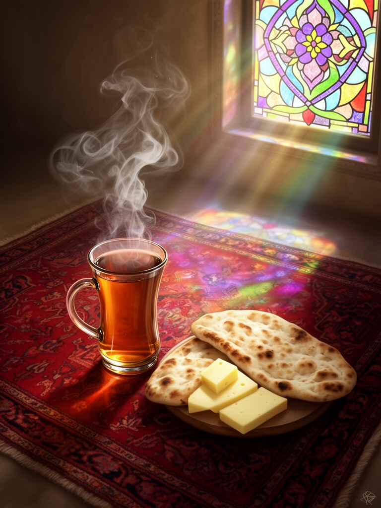 یک استکان چای کمر باریک روی فرش لاکی ایرانی، بخار داغ چای، نان سنگک تازه و پنیر کنار آن، نور ملایم صبح که از پنجره رنگی میتابد، حس نوستالژیک.0
