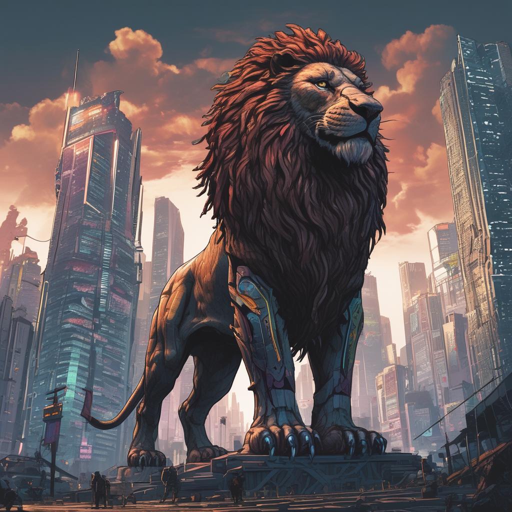 شیری در وسط ساختمانهای بلند شهید سایبر پانکی که یک غول آهنی بزرگ به شکل شیری روعب آور در پشت سرش ایستاده باشد19