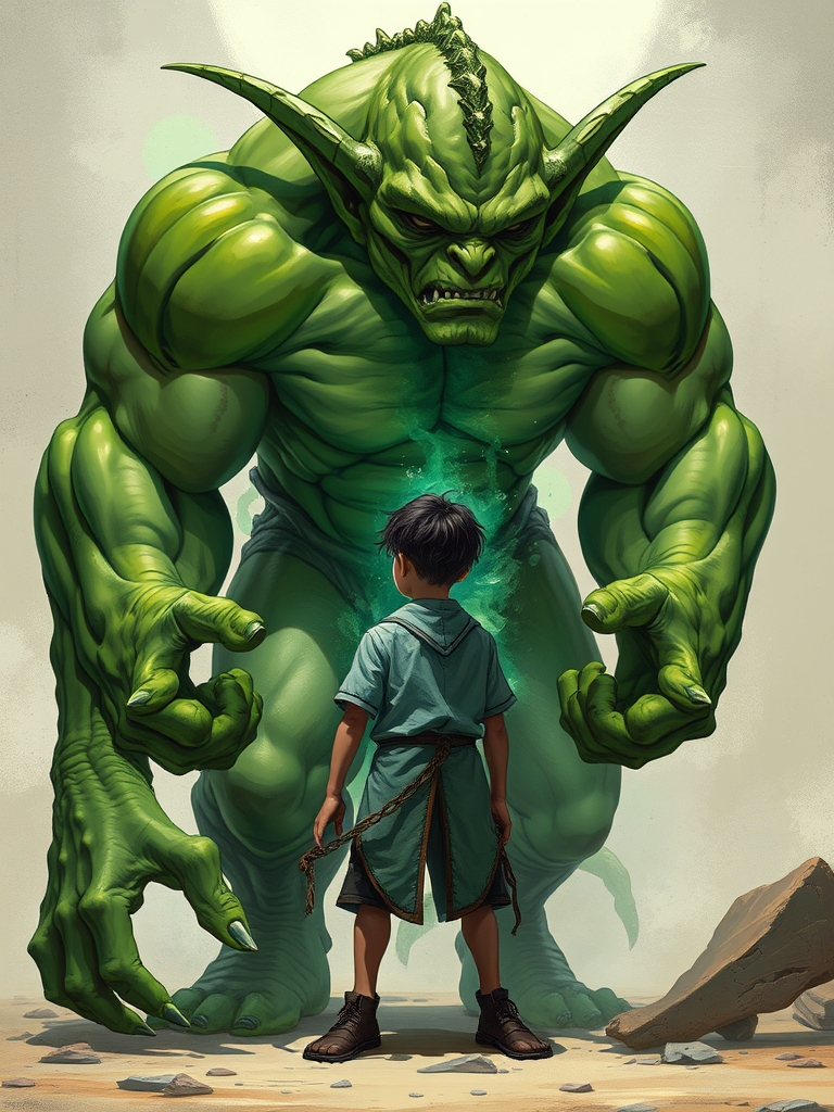 پسری در حال تبدیل شدن به یک گابلین سبز بزرگ و عضلانی
11