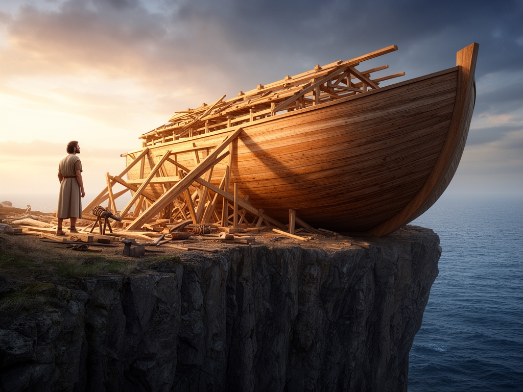 عکس حضرت نوح در حالی که در بالای بلندی درحال ساختن کشتی هست5