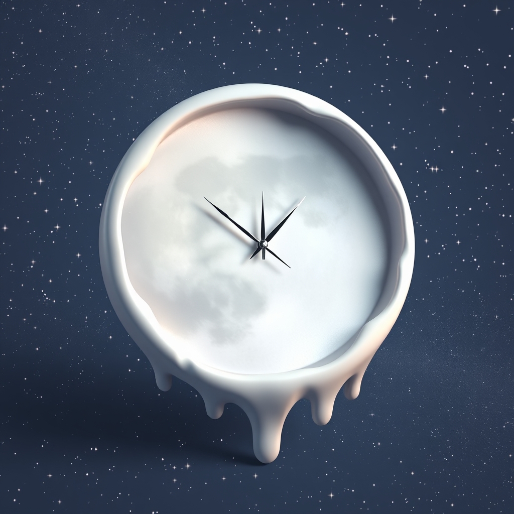 یک ساعت سورئال به شکل ماه ذوبشده، شناور در آسمان پرستاره.9