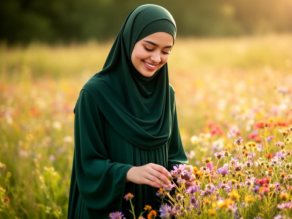 چهره از دختری در طبیعت در حال نگاه کردن به گل ها و دستش را روی گل باشد صورتش هم معلوم باشد با لباس های سبز پررنگ وگشاد اسلامی چهرشم معلوم باشه باخنده واقع گرایانه کاملاََ باحجاب اسلامی درسن بیست وپنج سالگی لباساش هم گشاد باشند 2