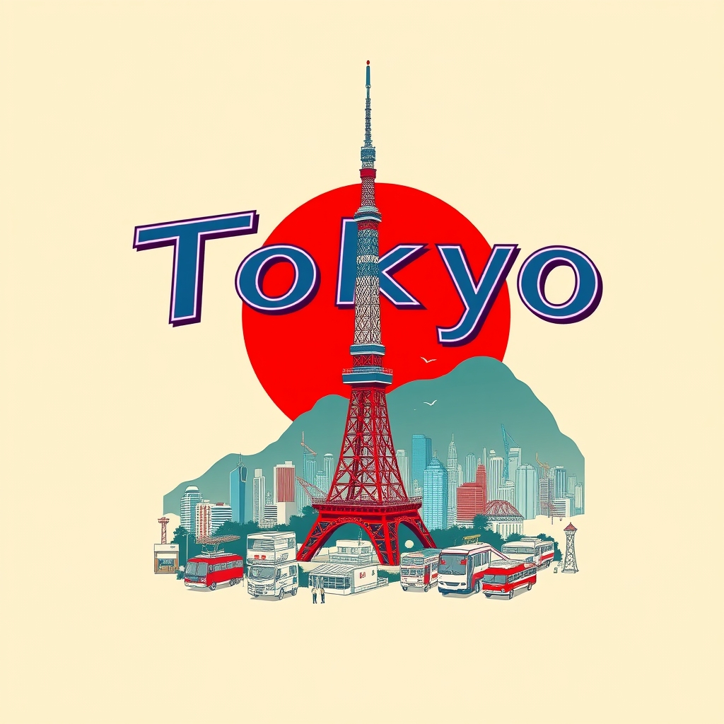 پس زمینه ای کرمی که شهری کوچک در میان آن پس زمینه است و برج توکیو وسطش است و خورشید سرخ پشتش است و به انگلیشی بالایش نوشته توکیو 1