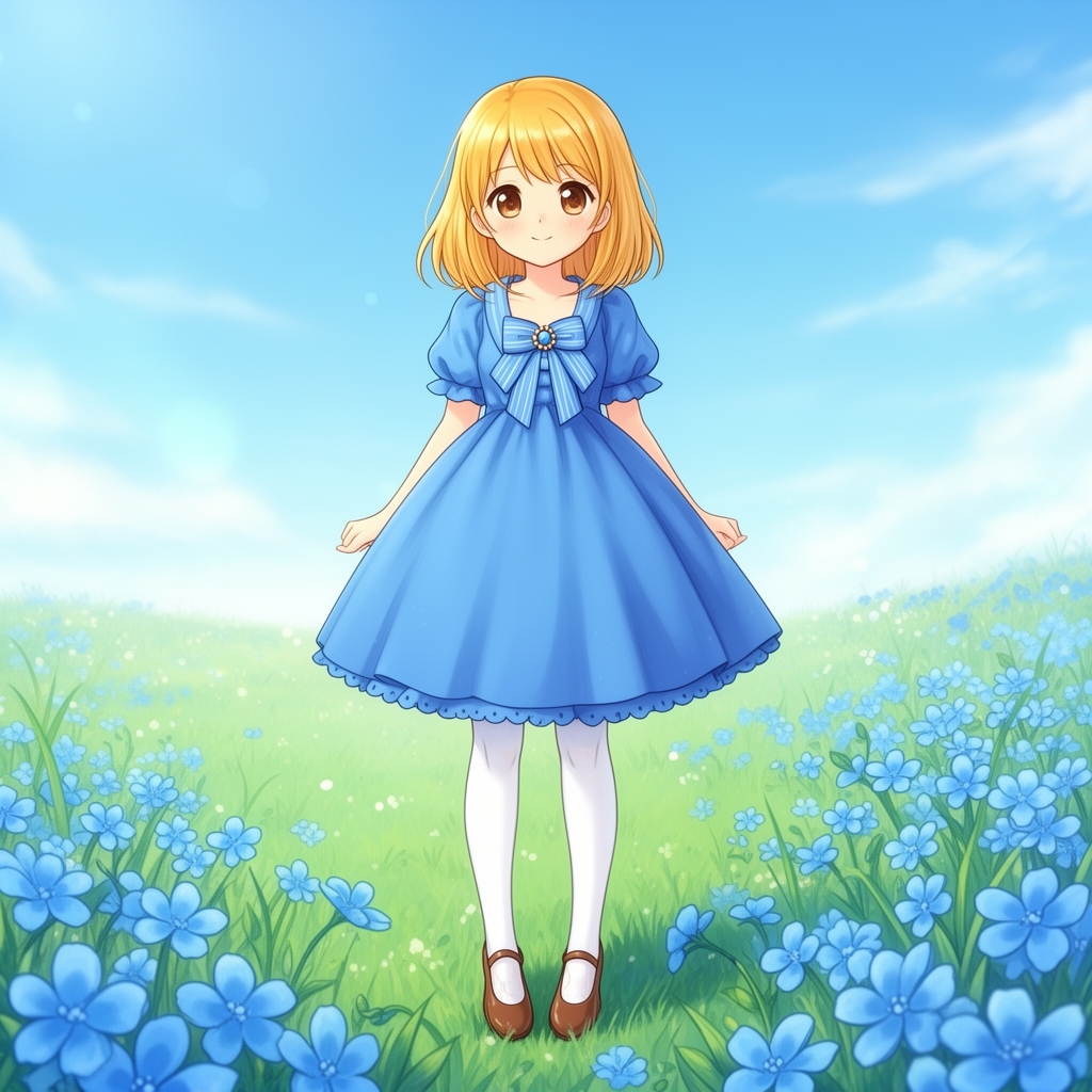 دختر ی با موهای طلایی و و با لباس آبی قشنگ که جلوی آن پاپیون داره  به تن کرده است و با جوراب شرواری سفید به پاهایش کرده است و کفش قهوه‌ای زیبا. دردشتی علفزار با گل های آبی. و با تم آبی. کیوت باشه. انیمه باشه. 20