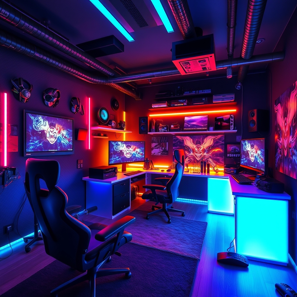 یک اتاق گیمینگ با تمام تجهیزات گیمینگ و نور RGB0