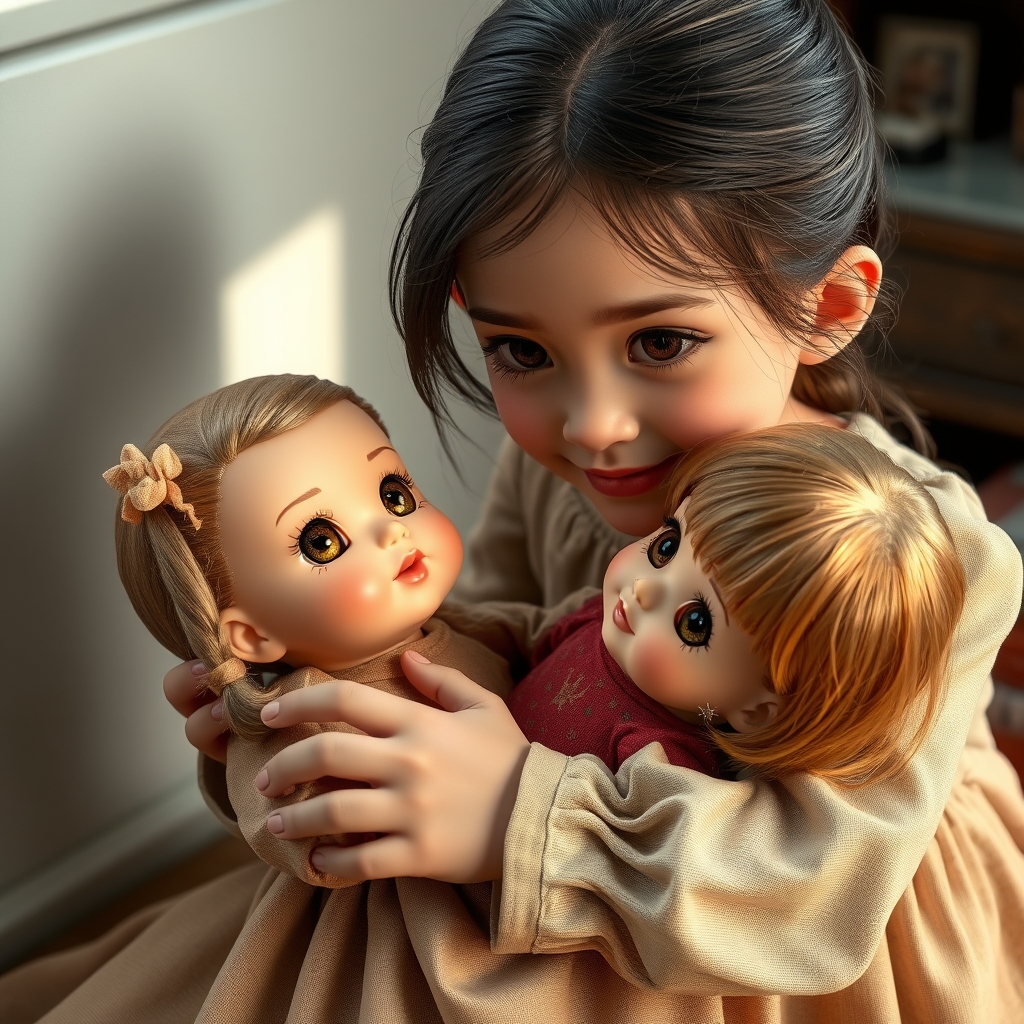 دختر بچه خوشگل که درحال بازی با عروسک خوشگل اش است دختر بچه چشم قهوه‌ای و مژه های مشکی بلند  🥰🥰😍22