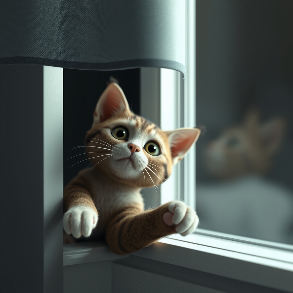 The image shows a cat peeking out from under a window shade, with its paw resting on a surface.13