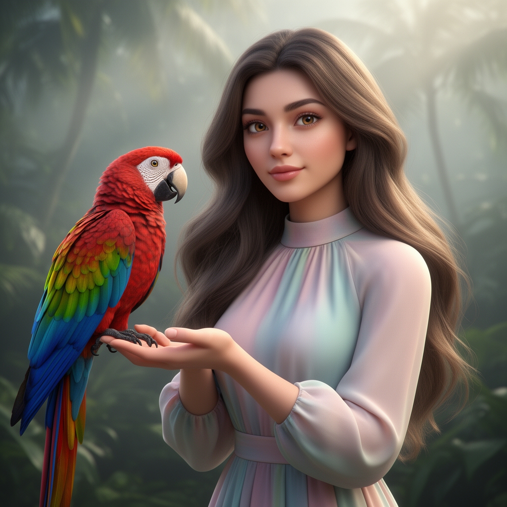 تصویری از زیبا ترین دختر جهان که یک طوطی زیبا و رنگارنگ روی دستش گرفته 0