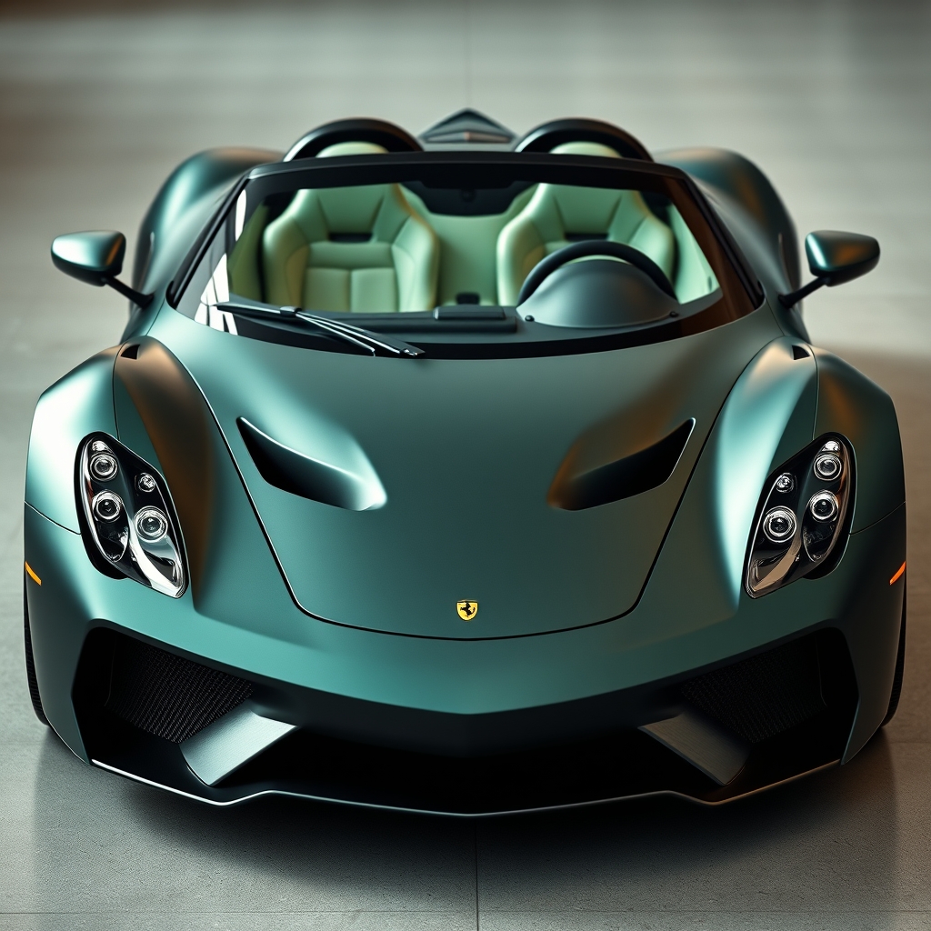 ماشینی رویایی که عقبش مثله فراری است و جلوش به طرح مازراتی اینه هایه بغل به شکل دیوست ۷ که سقفش درحال باز شدن است چراغ هایه جلو مانند جوک است و چراغ هایه عقبش به شکل بوگاتی هست به رنگ سبز پررنگ و صندلی هایه چرم سبز کمرنگ دارد از جلو
صندلیاش چرم صندلیهاش سبز کمرنگ باشه رنگ خود ماشین سبز پررنگ باشه ماشین مات باشه4