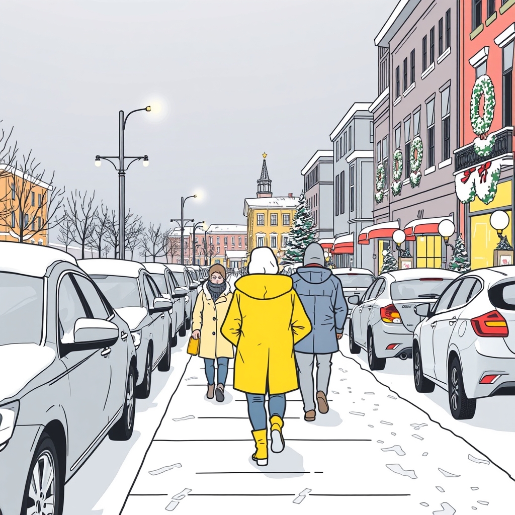 The image depicts a winter scene with snow-covered streets and parked cars. Pedestrians are walking along the sidewalk, and there is a person in a yellow coat among them. The scene is illuminated by streetlights, and the buildings in the background have Christmas decorations.8