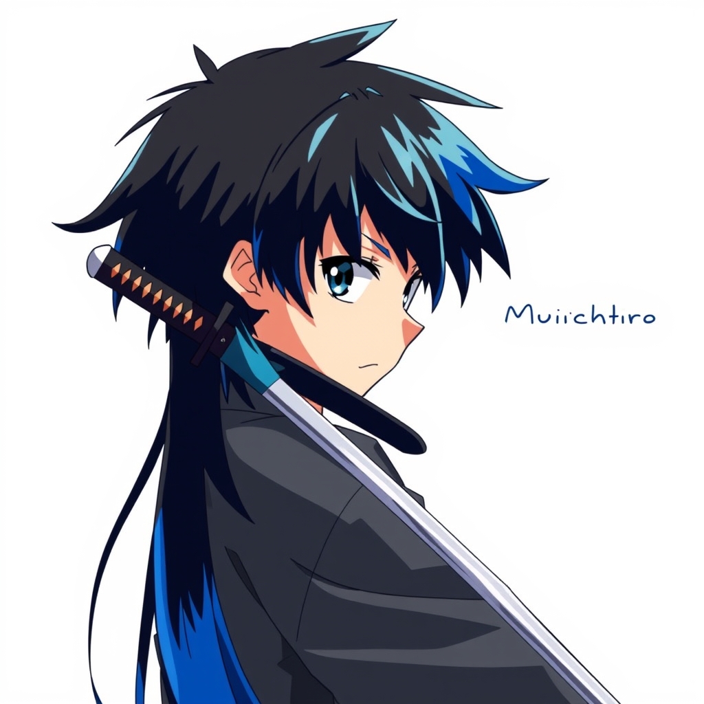 به پسری باموهای بلند دورنگ که پایین موهاش ابی وبالای موهاش مشکی بایه شمشیر که سمت دوست به اسم موچیرو 14