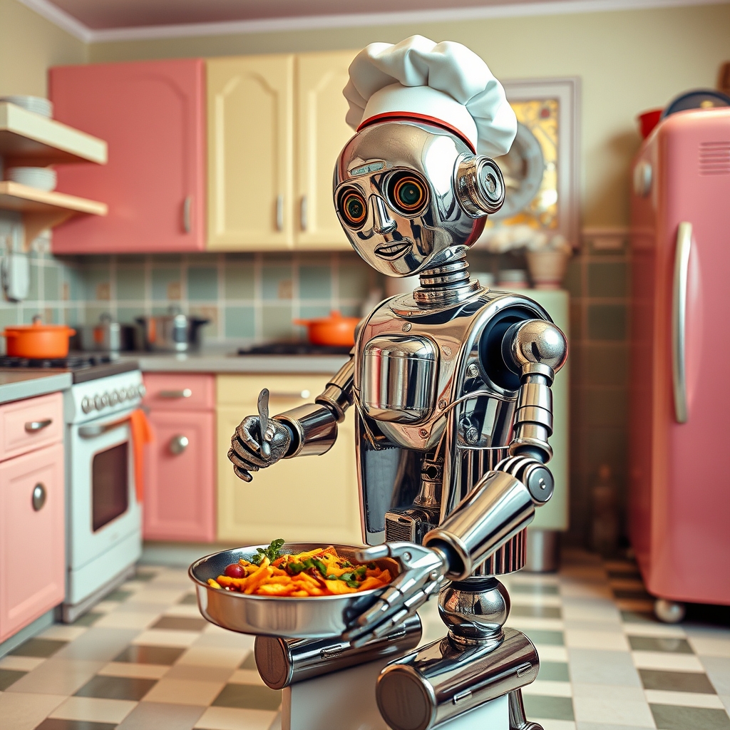 یک سرآشپز رباتی قدیمی در حال تهیه غذا در آشپزخانه‌ای به سبک دهه ۱۹۵۰.20