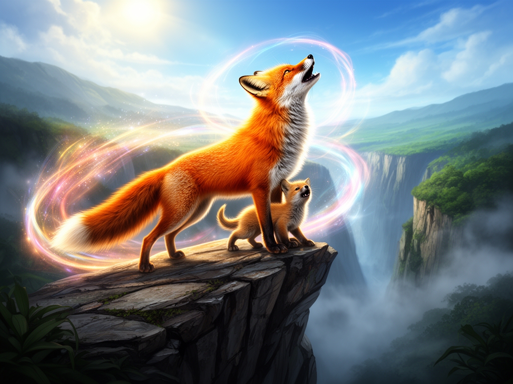 عکس یک روباه نارنجی به همراه فرزندش در بالای یک دره که نیم روخ هستند و دارند زوزه میکشند در روز1