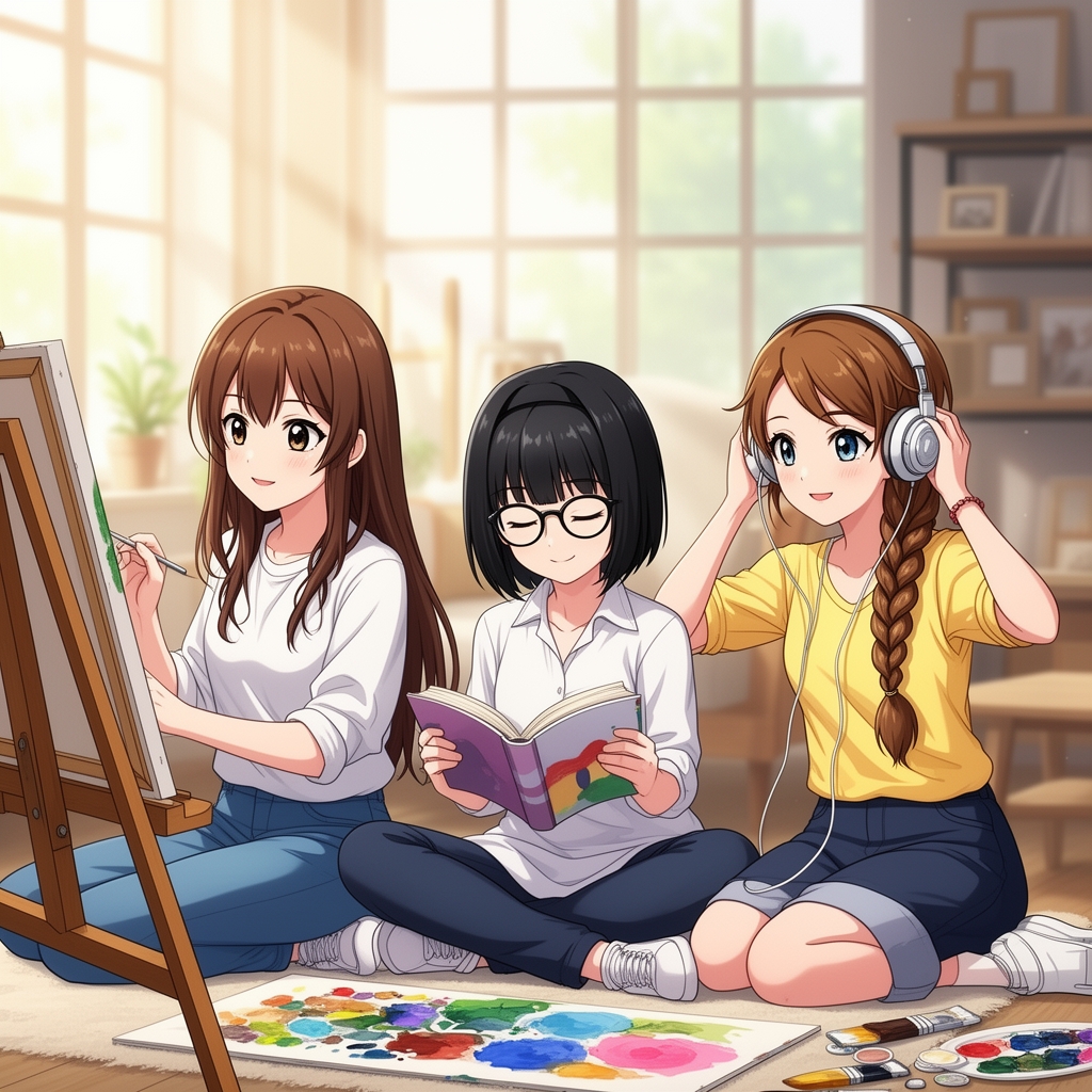 سه دوست که اسمشان زهرا سارا و حدیث است و حدیث که مو های قهوه ای بلند داره نقاشی میکنه و زهرا که مو هاش سیاهه و عینک زده کتاب میخونه و سارا که مو هایش را گیس بافته اهنگ گوش میده و روی گوشش هندزفری است 0