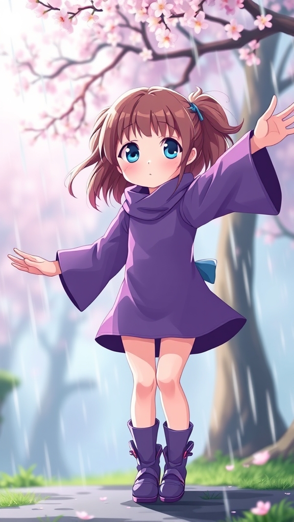 دختر خوشگلی باچشم آبی  و لباسی به رنگ بنفش   که زیر بارونه بهاری واستاده و دستاشو باز کرده و داره دور خودش میچرخه 5