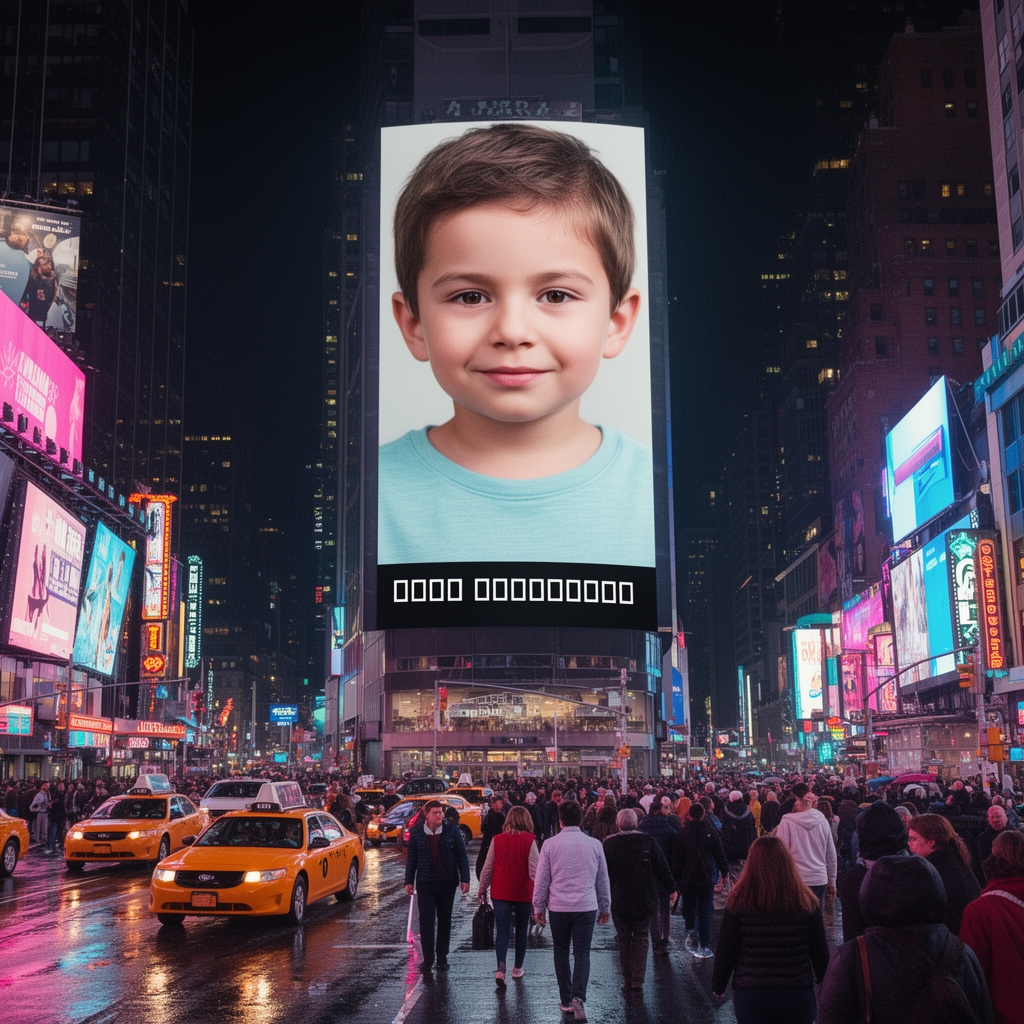 بیلبورد تبلیغاتی بزرگ در وسط میدان تایمز نیویورک که تصویر یک پسر را نشان میدهد و روی آن نوشته شده "Reza Sheivandy"، جمعیت و تاکسیهای زرد در پایین.3
