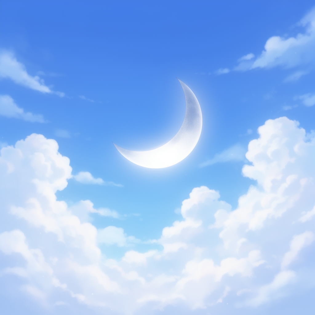تصویری از ابر های آبی و آسمان و ماهی که به شکل هلال وسط آنهاست 19