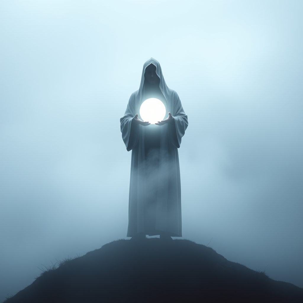 یک شبح مرموز از فردی که یک کره درخشان در دست دارد، ایستاده روی تپه‌ای مه‌آلود.14