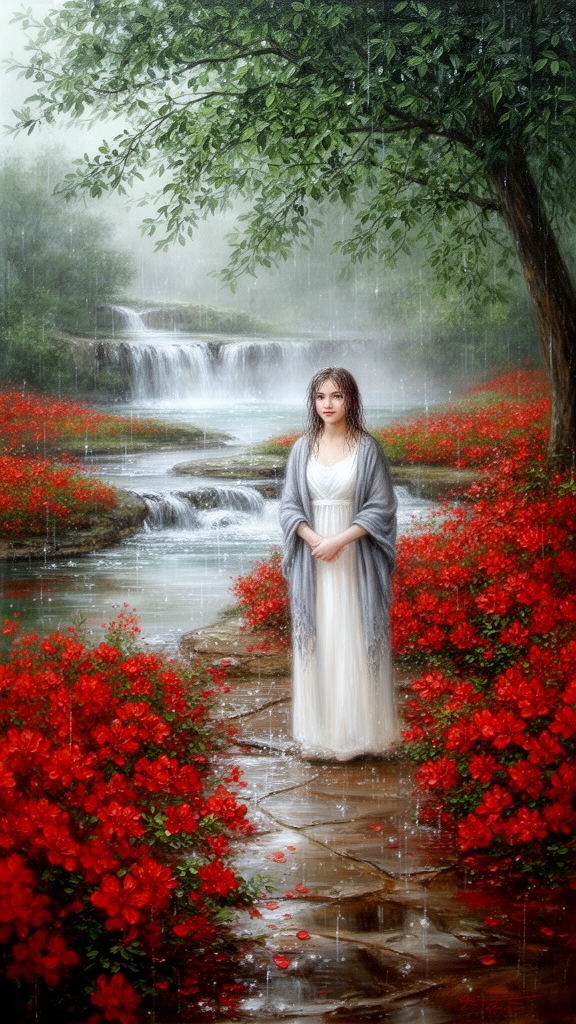 در باغ بارانی پر گل سرخ زیر سایه درخت و رودها و آبشارها جاری ست دختری زیبا ایستاده0