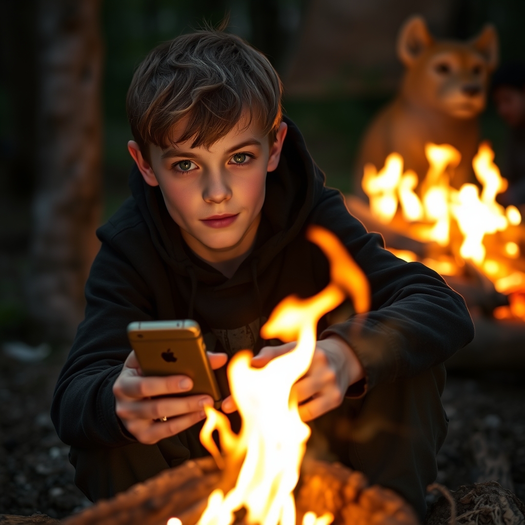 پسری ۱۵ سالهبا چشمان سبز در کنار آتش نشسته و گوشی در دست خود دارد10