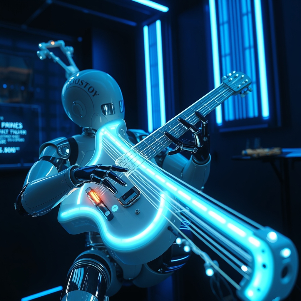 یک ساز موسیقی آینده‌نگر با رشته‌های هولوگرافیک درخشان، در حال نواختن توسط یک ربات.5