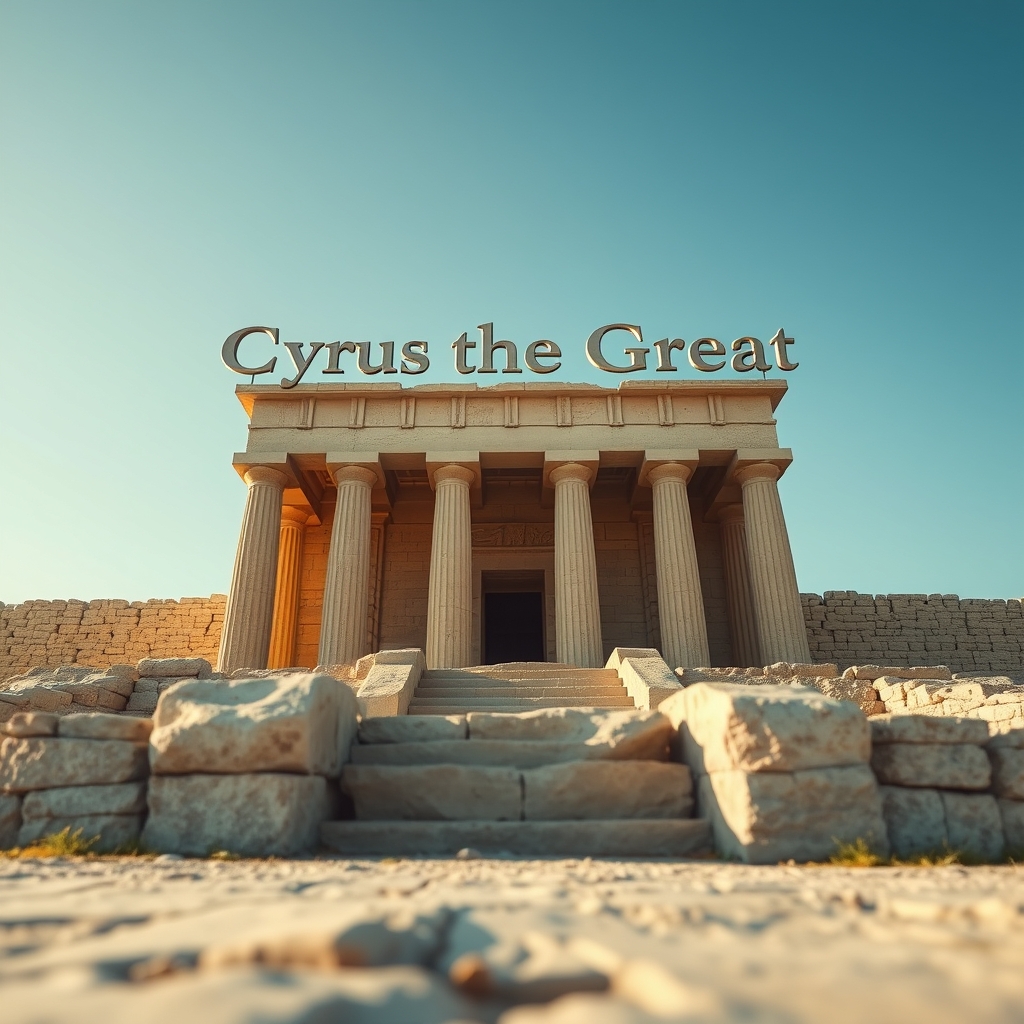 مقبره کوروش کبیر که دوربین از نمای پایین(روی زمین دوربین هست چون میخاد مقبره رو بزرگ تر نشون بده) و پشت مقبره مثل ادیت های تصویر به انگلیسی نوشته کوروش بزرگ 23