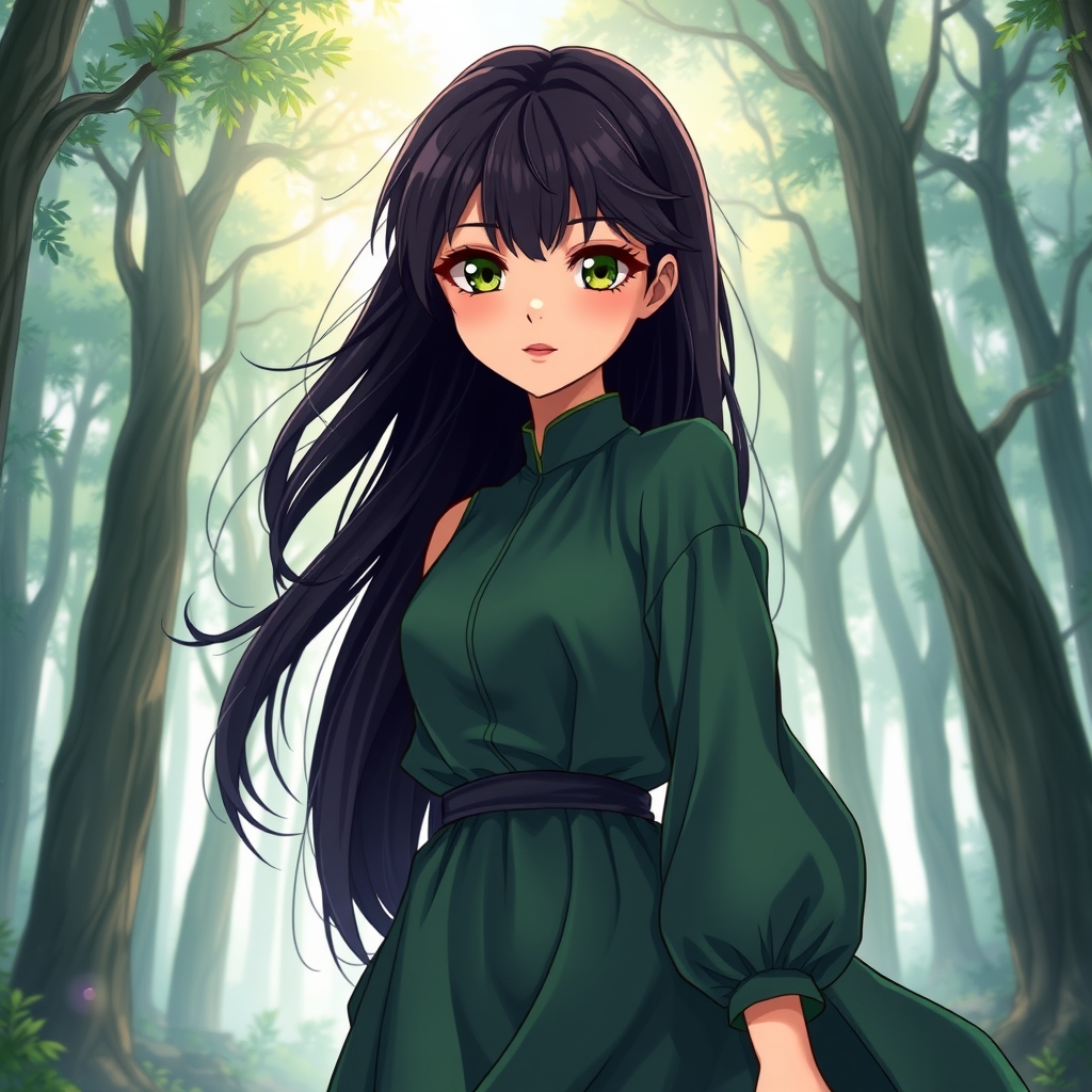عکس انیمه ای دختری با چشمان سبز زیتونی و با موهای مشکی براغ بلند و لباسی سبز زیبا با لب های گوشتی سرخ در حال قدم زدن در جنگلی با درختان سر به فلک کشیده16