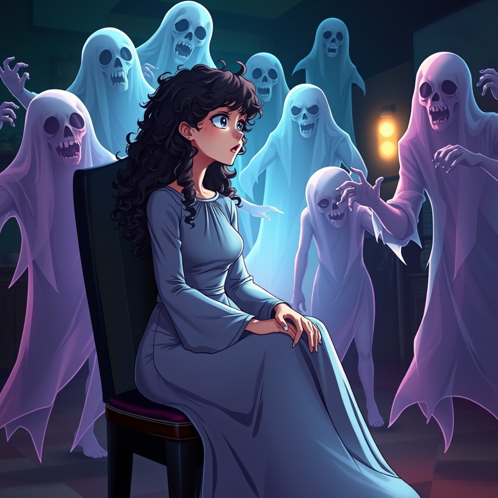 یک دختر مو فرفری زبا که ارواح وزانبی دورش حلقه زدن ودختر ترسیده الان ماسک روی صندلی با رونالدو نشسته وداره آواز میخونن23