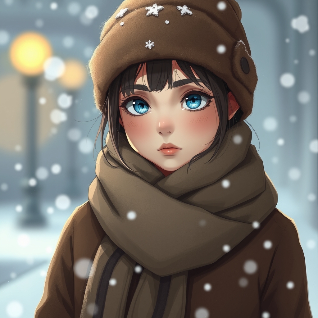 دختری  چشمان نیلی ، کلاه و شالگردن و کت قهوه ای پشمی پوشیده است و در بارش برف  قدم می زند 1
