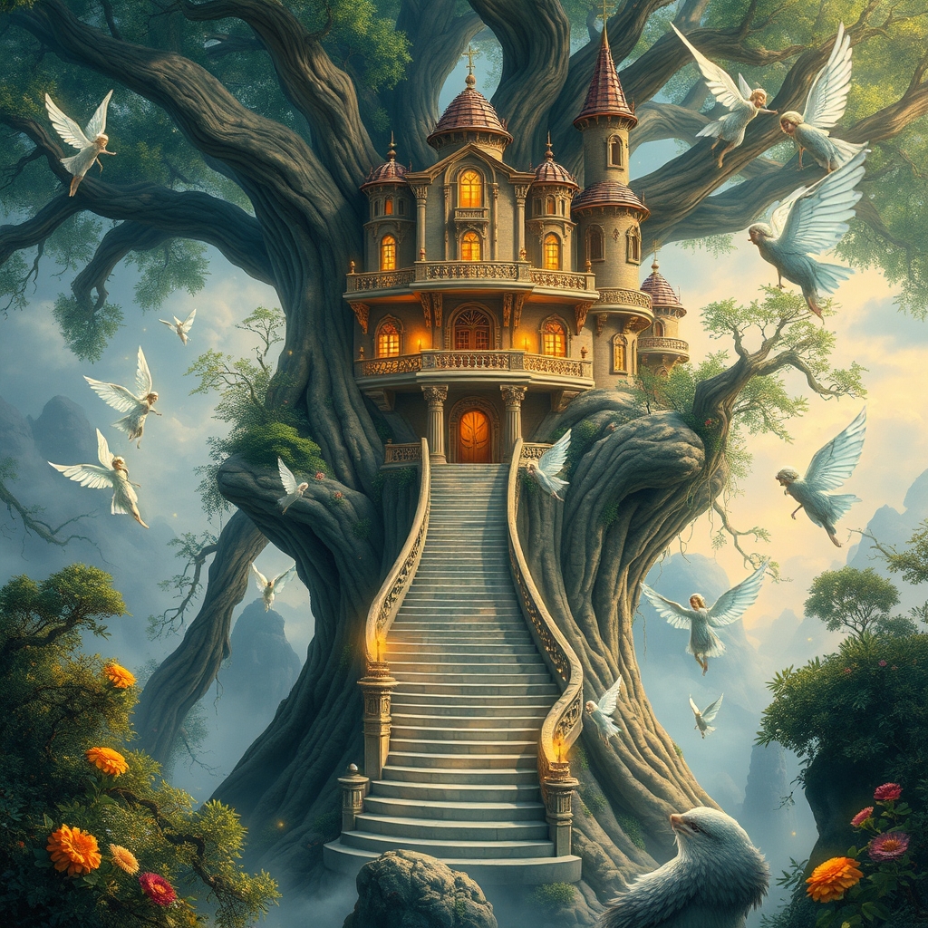 قصری با شکوه  بالای یک درخت است که  با پله های بلندو پیچی به زمین وصل شده اند و فرشته ها و پری ها آنجا هستند4