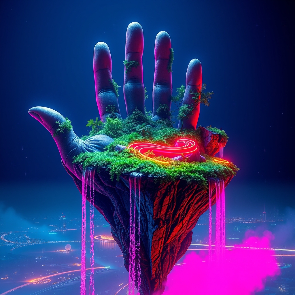 یک جزیره شناور سورئال به شکل دست، با آبشارهایی که از انگشتان جاری می‌شوند.20