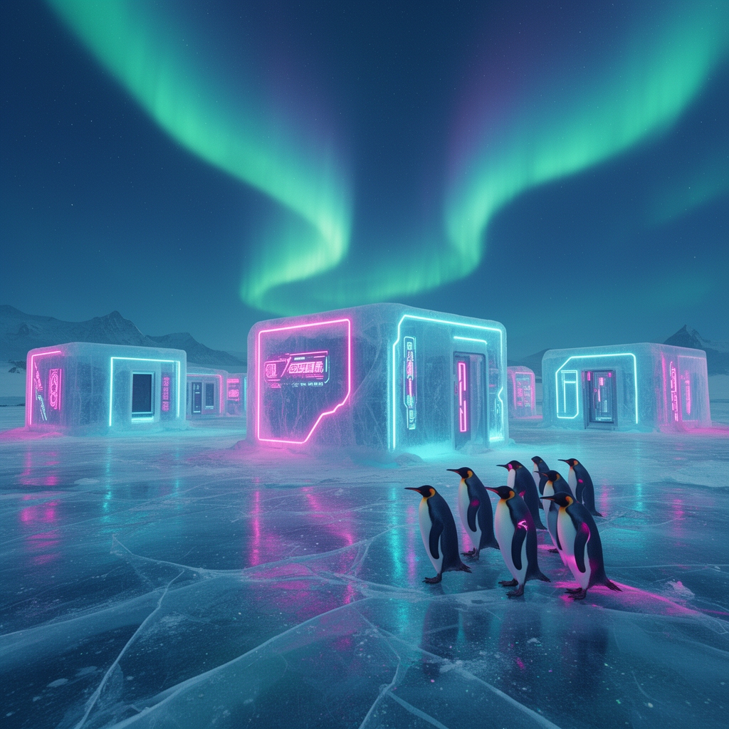 چند خانه یخی در قطب شمال که آسمان آن شفق قطبی دارد و چند پنگوئن آنجا هستند0