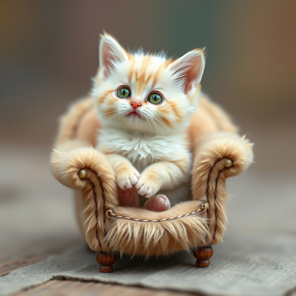 یک گربه ی کرمی که چشمش سبز هست و روی مبل کوچک‌‌ پشمی اش نشسته است و کوچک است13