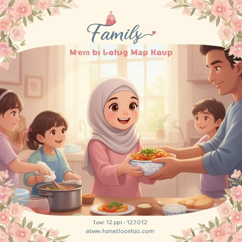 یه دختر با حجاب بامزه بچه که داره به خانوادش کمک میکنه در قالب پوستر درست کن1