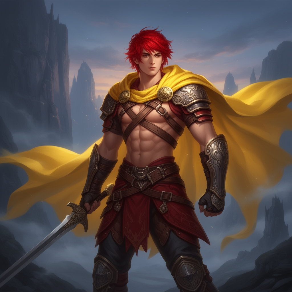 جوان (( مرد )) ورزشکار هیکلی تنومند و شکم شش تکه موهای قرمز لباسهای جنگجوی با شنل زرد0