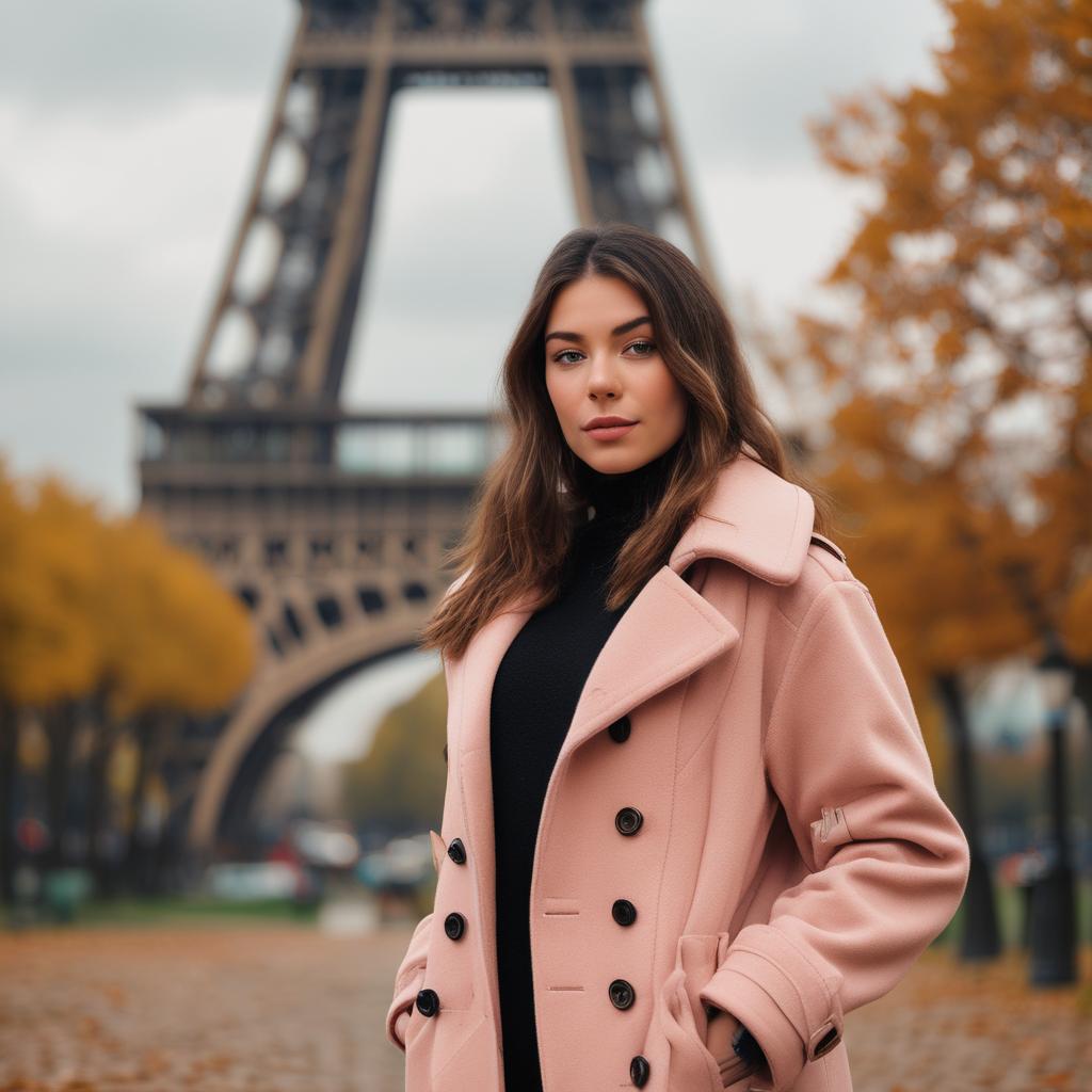 دختری باموهای قهوه ای و چشن و ابروی مشکی در کنار برج ایفل در هوای پاییزی و برگ های زرد رنگ و پالتوی قهوه ای رنگ و صورتی بانمک
5
