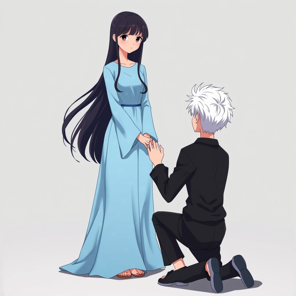 دختری زیبا با موی بلند مشکی و چتری و لباس آبی کم رنگ و طرح زیبا 
و پسری که جلوش زانو زده و انگشتر دستشه و پسره با موهای یخی و بسیار زیباست و لباساش خودی مشکی و با شلوار مشکی 16