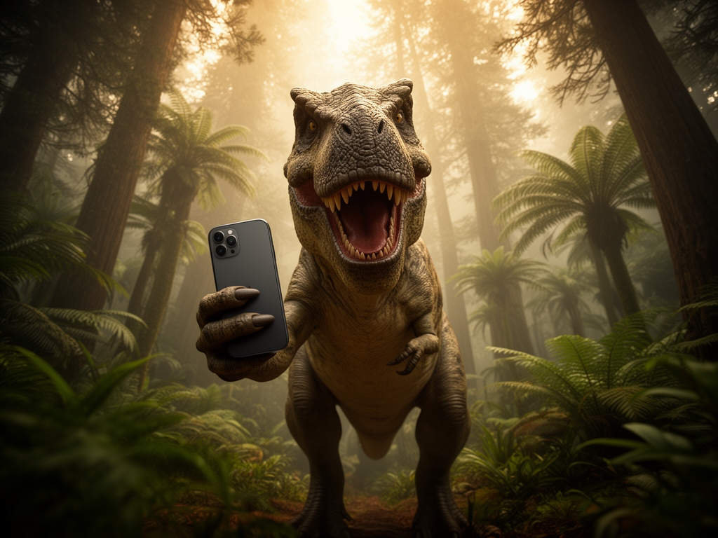 یک دایناسور تی‌رکس که سعی دارد با دست‌های کوتاهش سلفی بگیرد، زاویه دوربین کج و بامزه، دهان باز و خندان، پس‌زمینه جنگل ژوراسیک.4