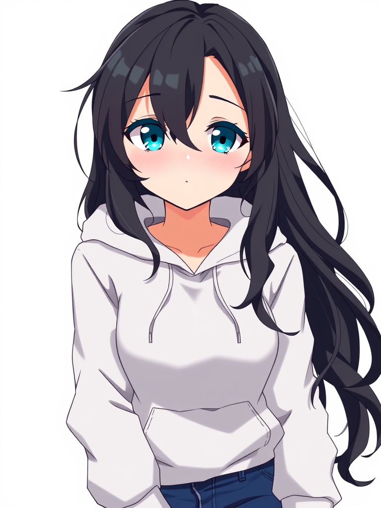 دختر سفید پوست با لب بسیار قرمز و موی بسیار بلند موج دار حالت دار به رنگ مشکی و چشمان فیروزهای که هودی و شلوار لی پوشیده16