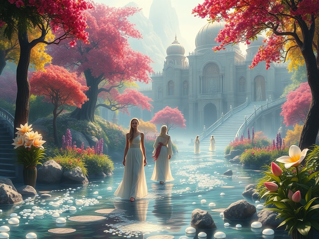 تصویری از بهشت که در رود های آن به جای سنگ ریزه مروارید است و همه جا درختان و گل ها وجود دارد و آدم ها با لباس های سفید حریر و زیبا آنجا هستند و قصر های بزرگ و زیبا وجود دارد 
2