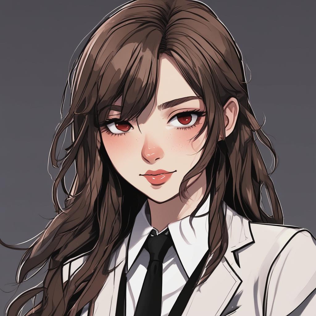 دختری با موهای قهوه ای، چشمایی قهوه ای، موهای نسبتا بلند، کت و شلوار مشکی و کراوات مشکی، روی لبش یه زخم خیلی کوچیک هست 7