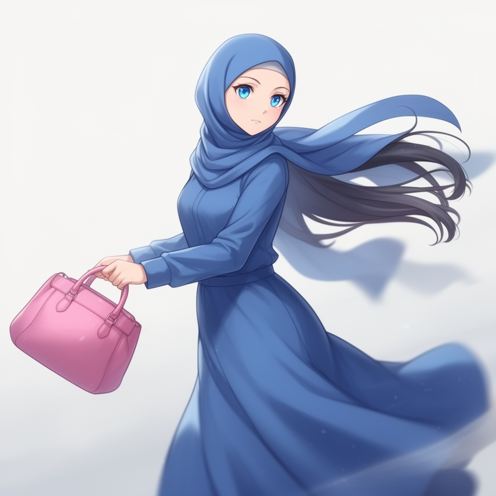 دختر با حجابی که چشمای آبی دارد و دارد حرکت میکند
دستش یک کیف صورتی است
لباسش هم آبی باشه2