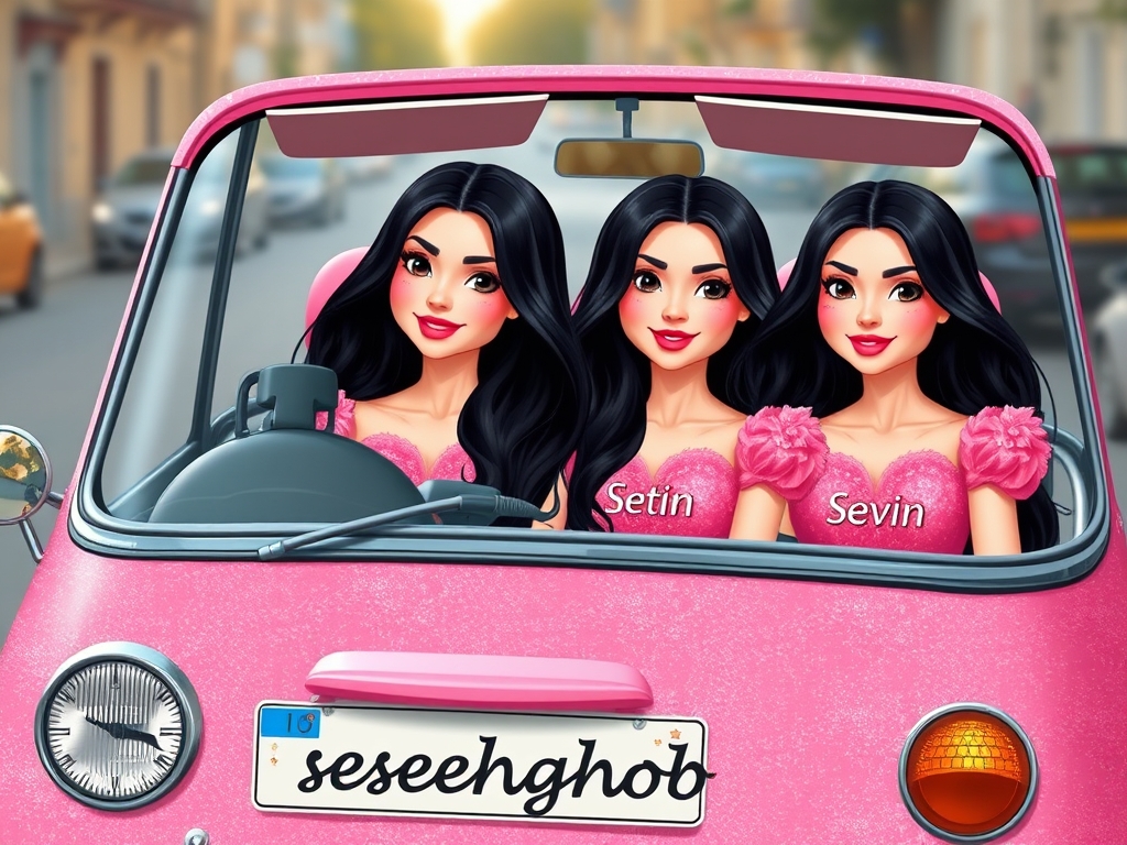 ستین،سوین و سلین، سه خواهر سه قلو هستند که شبیه هم هستند و سوار ماشین خارجی و دخترونه صورتی و اکلیلی شده اند و این ماشین سقف ندارد و روی پلاک ماشین آن sehgholo نوشته شده و در ماشین کنار هم نشسته اند و پشت سر آنها خیابان است و با موهای بلند و مشکی دارند و لباس‌ صورتی و اکلیلی و پف‌پفی‌ آنها برق می‌زد و لب‌های قرمز و لبخند ملایم‌ دارند و چشم‌های صورتی‌ دارند و لبخند می‌زنند و لباس صورتی‌شان همچون پرنسس‌ها می‌درخشید و روی لباس یکیشون setin و یکیشون sevin و یکیشون selin نوشته شده باشه22