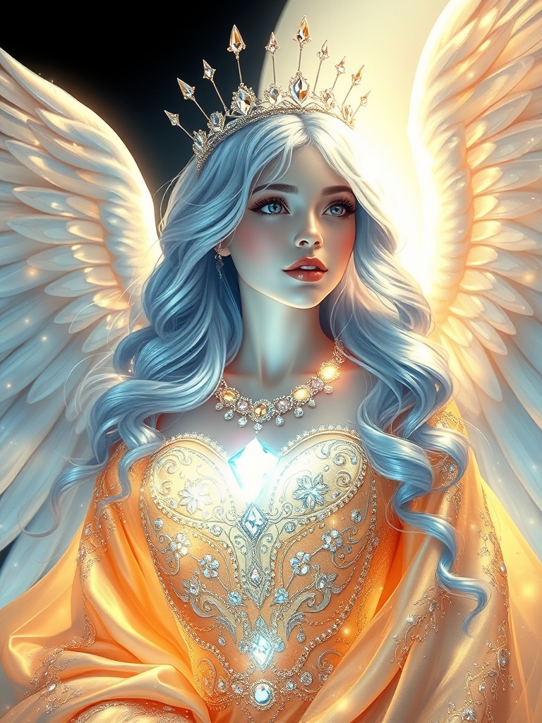 فرشته ای پاک و زیبا با لباس های نورانی که پر از الماس هس و تاجی نازک. بسیار زیبا از جنس الماس بر سر نهاده و چهره اش به قدری زیبا هست که نمیتوان چشم از ان برداشت و رنگ چشمانش از رنگ رود زلال و رنگ لباس ها هم در ان طلا هم به کار برود رنگ موهایش به رنگ نقره مایل به ابی6