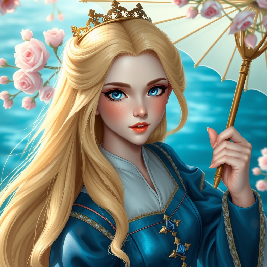 زن جوان زیبا ترین بانوی جهان همینطور در هوش مصنوعی رویایی با موهای بلند زرد براق وچشم های درشت که مردمک دریا باشد و با پوستی سفید همرنگ برف و با گونه قرمز و لبانی سرخ با زیباترین لباس سلطنتی آستین پفی پفی آبی طلایی براق اکلیری با تاج طلایی بر سر با زیباترین چتر در دست دارد که در حال رقصیدن هست پشت سرش ابی به رنگ اقیانوس ارام با گل های گل رز به رنگ مروارید با شکوفه های گیلاس نیوفر6