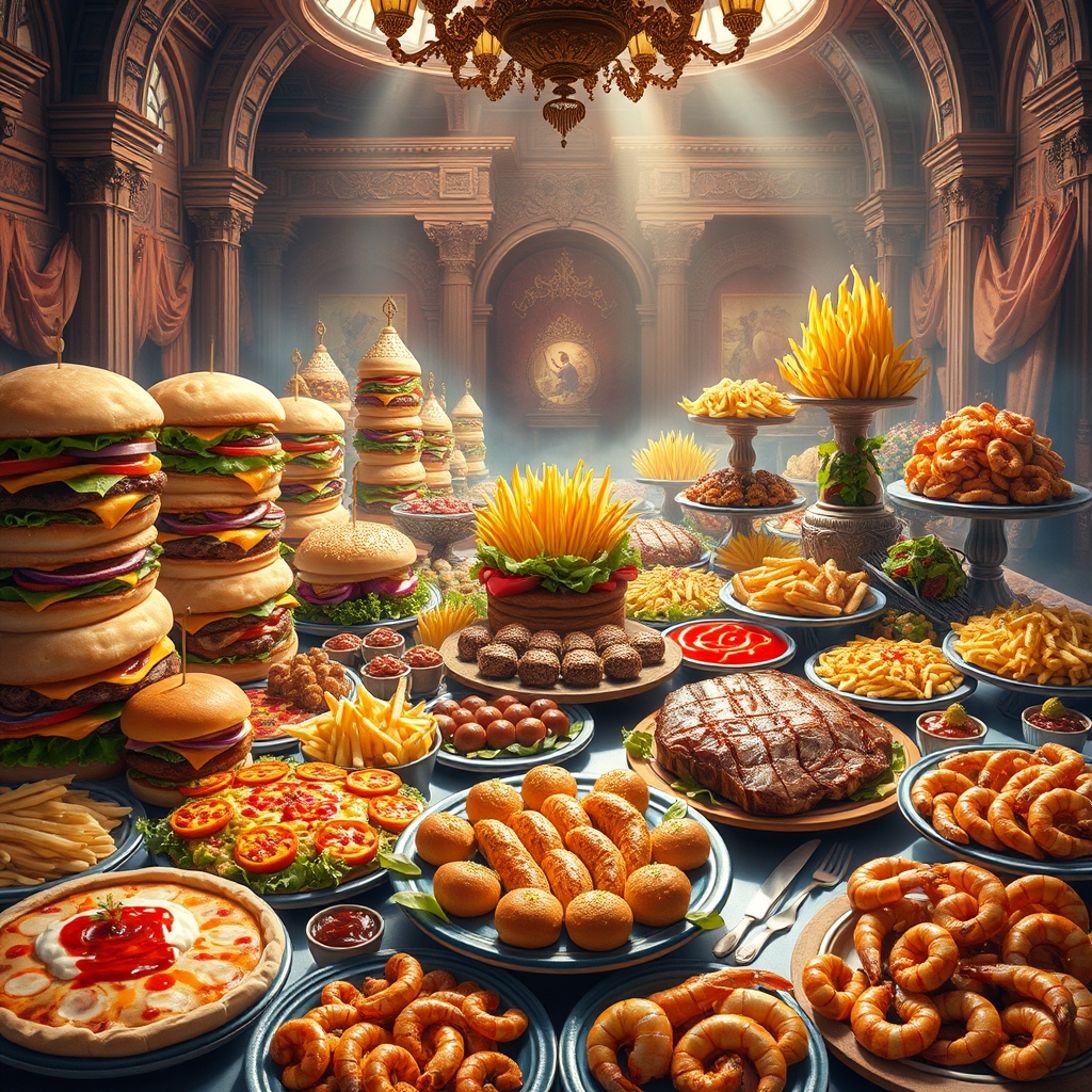 یک میز پهناور که رویش غذاهایی مانند پیتزا.همبرگر.هات داگ.سالاد.سیب زمینی سرخ شده.استیک.سس قرمز.میگو هست10